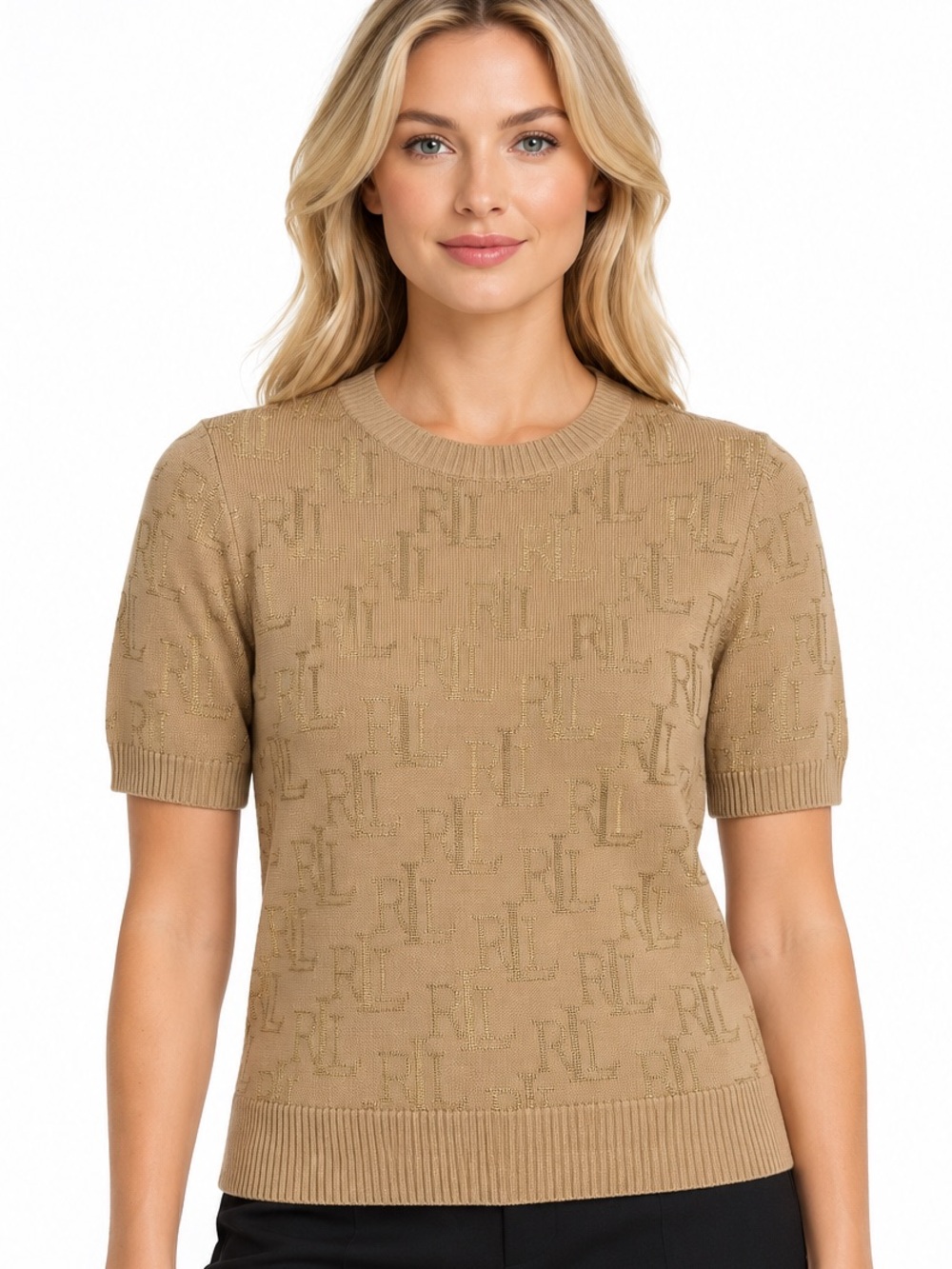Ralph Lauren Black Label Size Small Camel/Tan Short-Sleeve Knit Logo Sweater